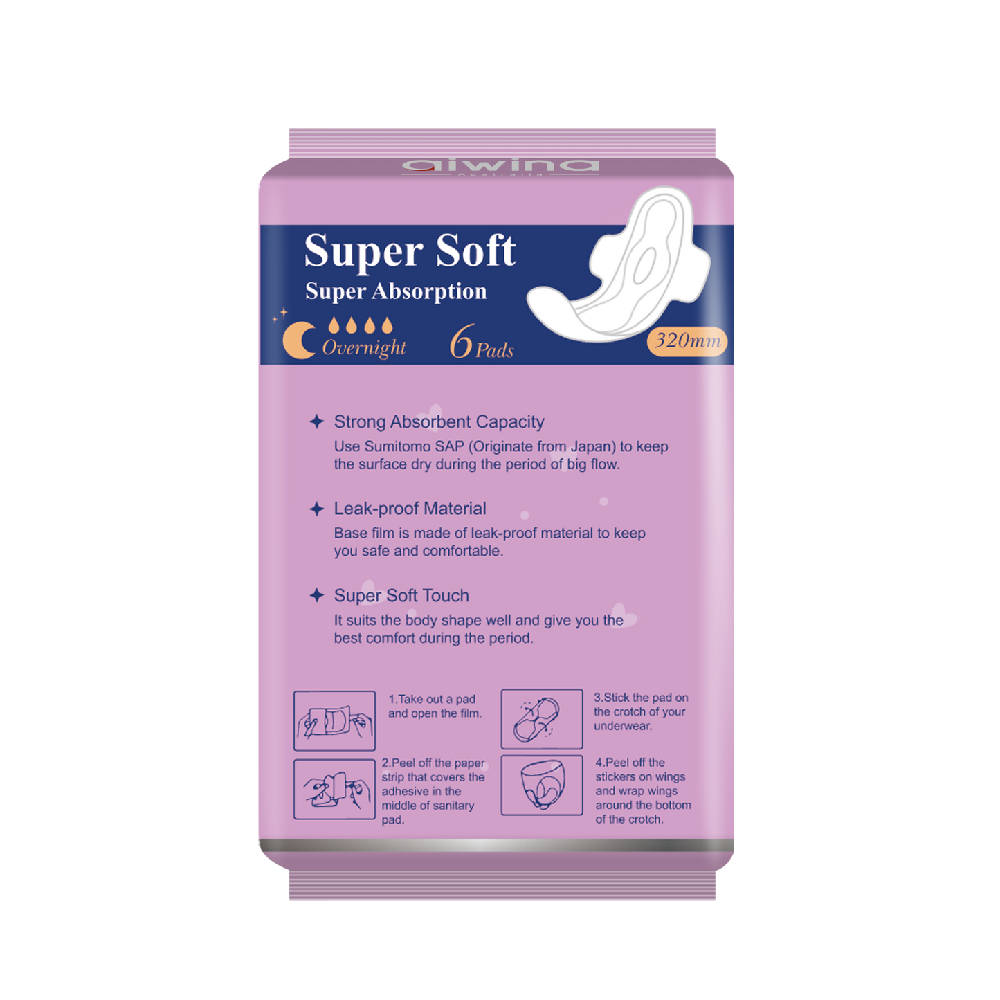 NIGHT SANITARY NAPKIN ULTRA SOFT AIWINA - 320MM