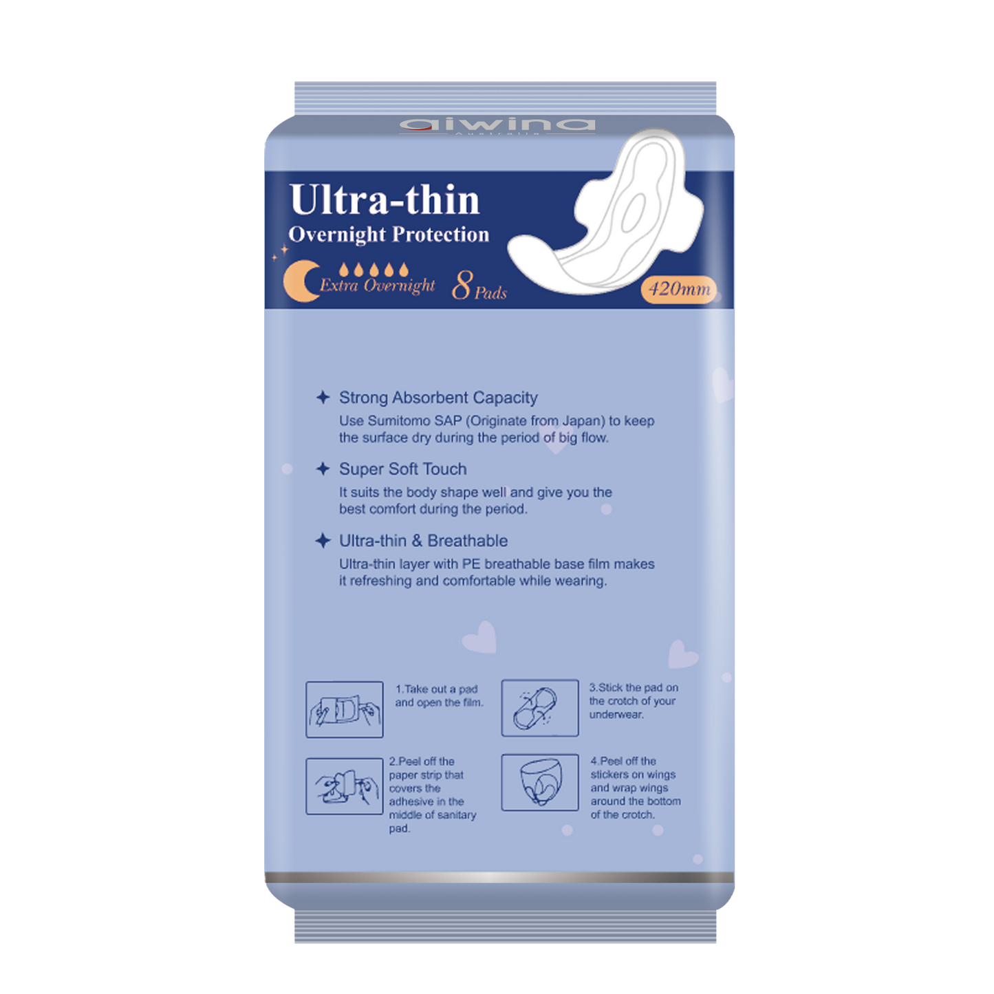 OVERNIGHT SANITARY NAPKIN ULTRA THIN AIWINA - 420MM